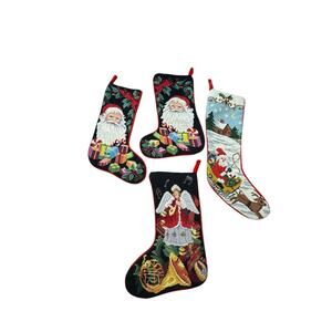 Vintage Needlepoint Christmas Stockings Lot of 4 Santa Angel Holiday‎ Decor